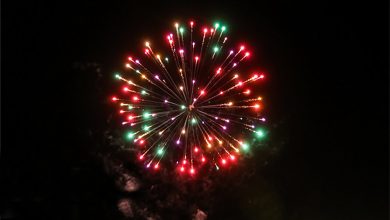 تصویر نورافشانی در آسمان شب خرم‌آباد بر فراز تپه شهدای گمنام.